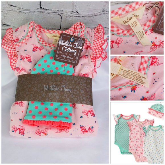MATILDA JANE 4-PIECE SET 'ROUND TRIP CAMP' REVERSIBLE BODYSUITS & BONNET CLT. - Picture 8 of 16